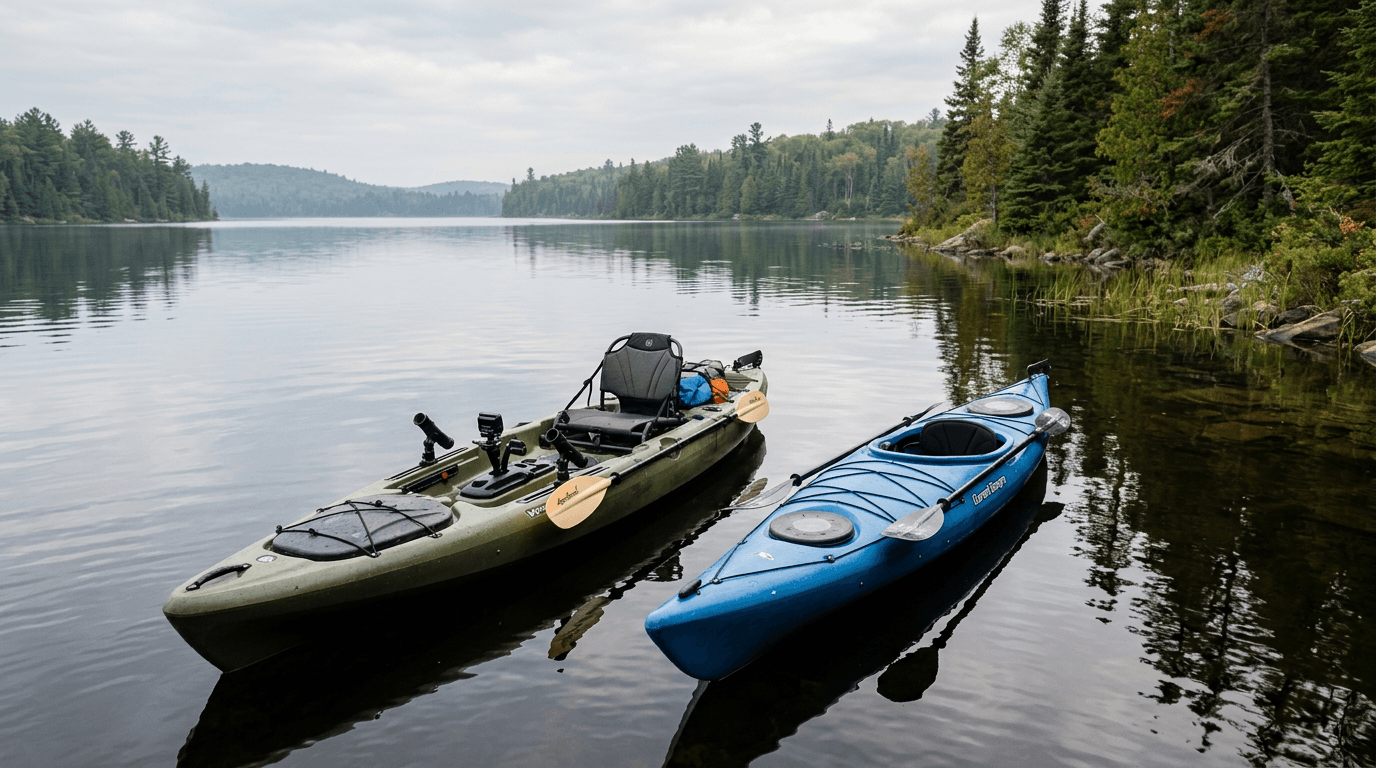 angler kayak vs regular kayak — side-by-side of a wide sit-on-top fishing kayak with rod holders next to a narrow recreational kayak