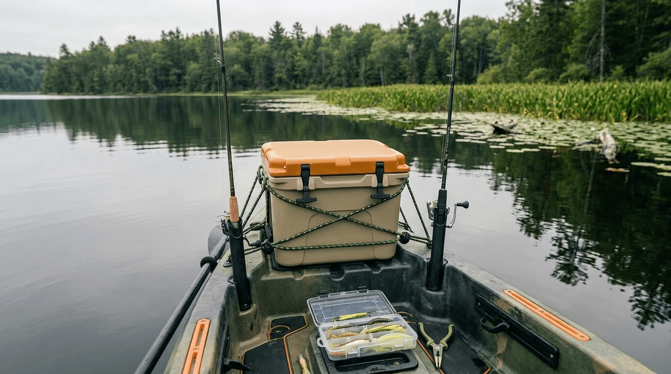 Compact cooler secured in a kayak tank well ready for a fishing trip