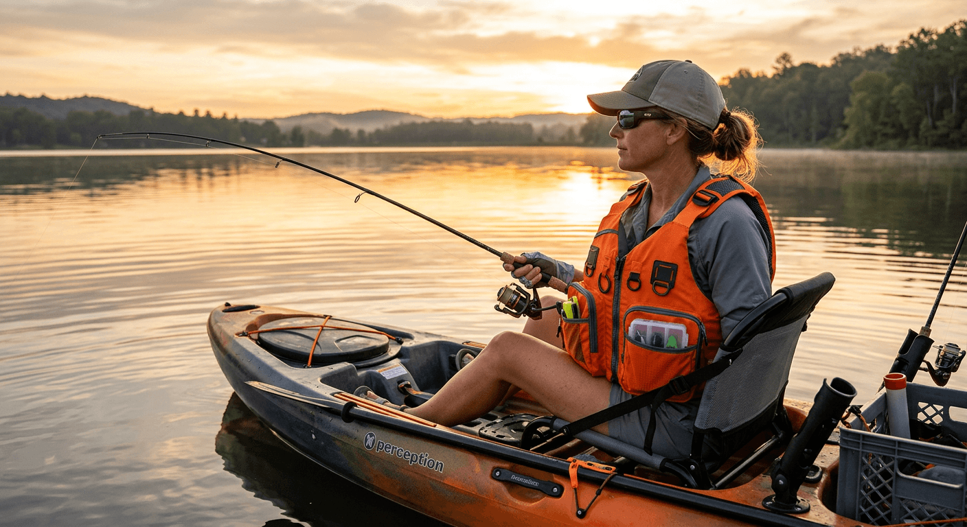 Kayak angler wearing a fishing-specific PFD on a lake at sunrise