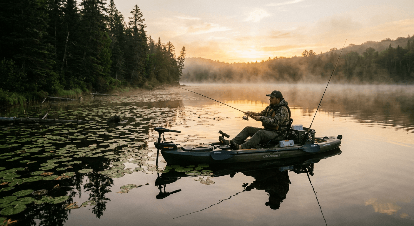 Kayak angler using a trolling motor on a calm lake at dawn