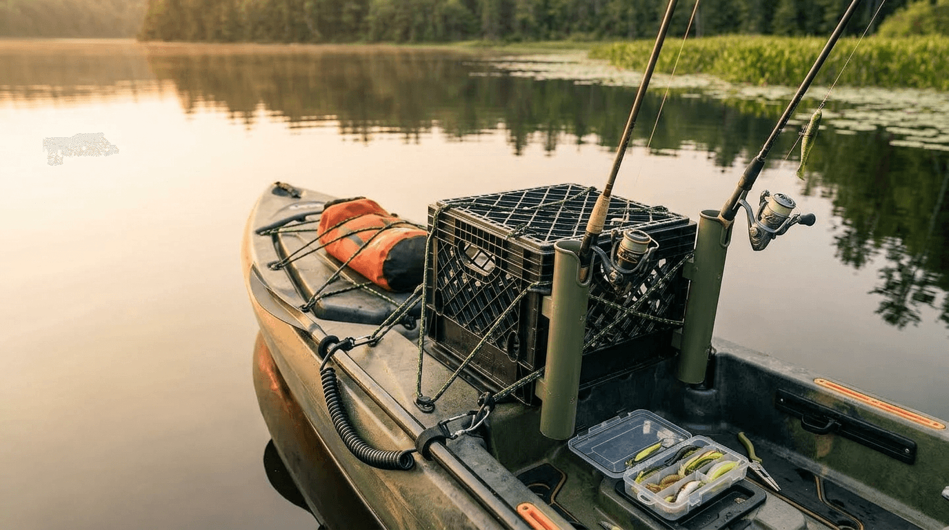 DIY fishing kayak setup with rod holders, milk crate, and anchor trolley