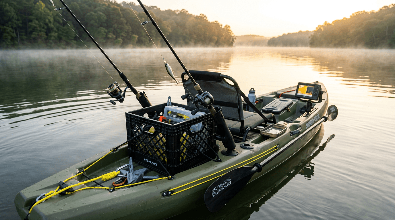 Fully rigged fishing kayak on the water with rod holders, fish finder, and anchor trolley