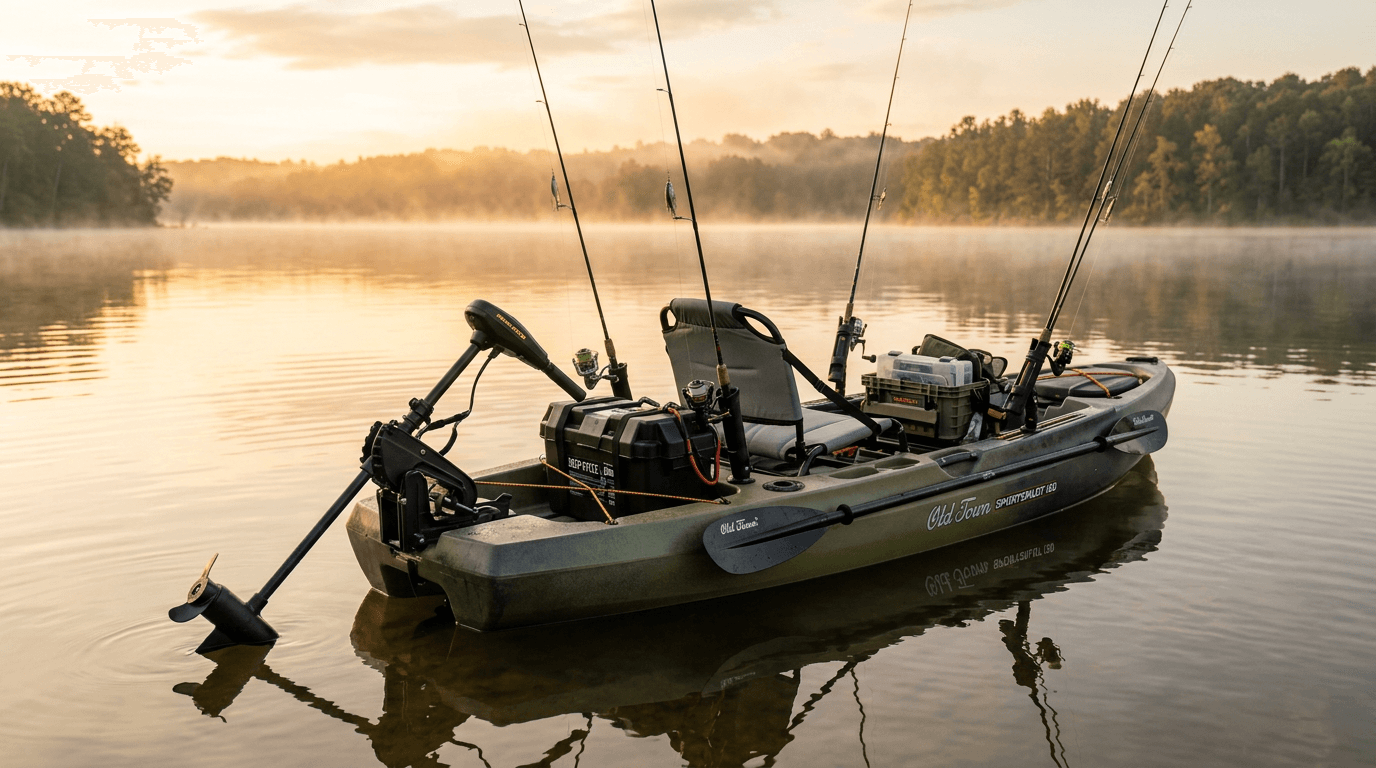 how to add trolling motor to kayak — Minn Kota stern-mounted trolling motor on sit-on-top fishing kayak with battery box