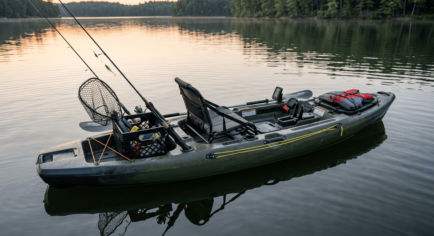 Fully rigged fishing kayak on calm water with rod holders, crate, and anchor system