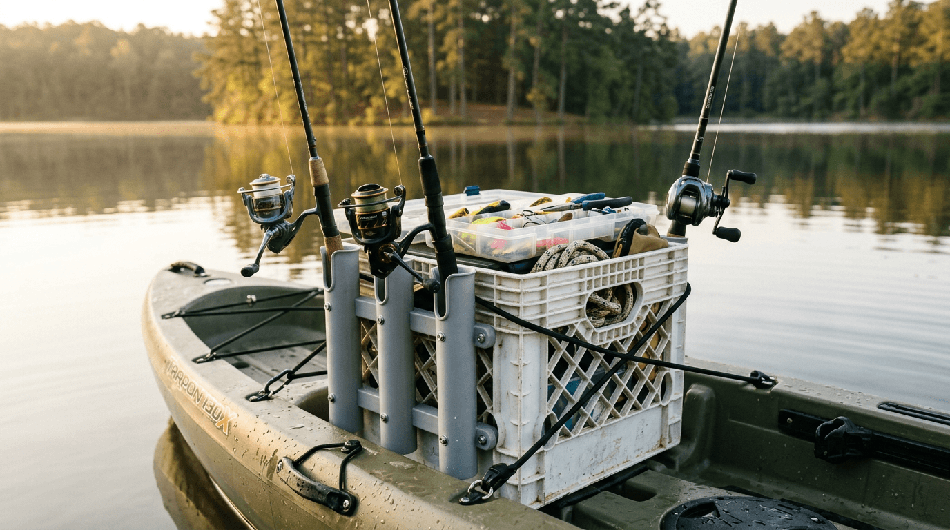 Fully rigged kayak fishing crate with rod holders and tackle storage mounted on a fishing kayak