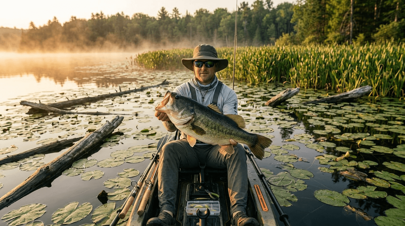 Kayak angler holding a largemouth bass caught from a shallow flat at sunrise