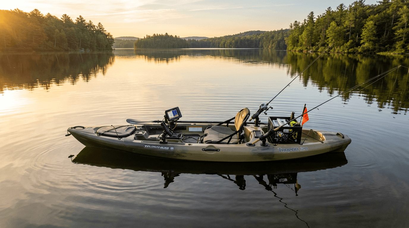 kayak fishing accessories — rod holders, anchor trolley, fish finder, and crate mounted on sit-on-top kayak