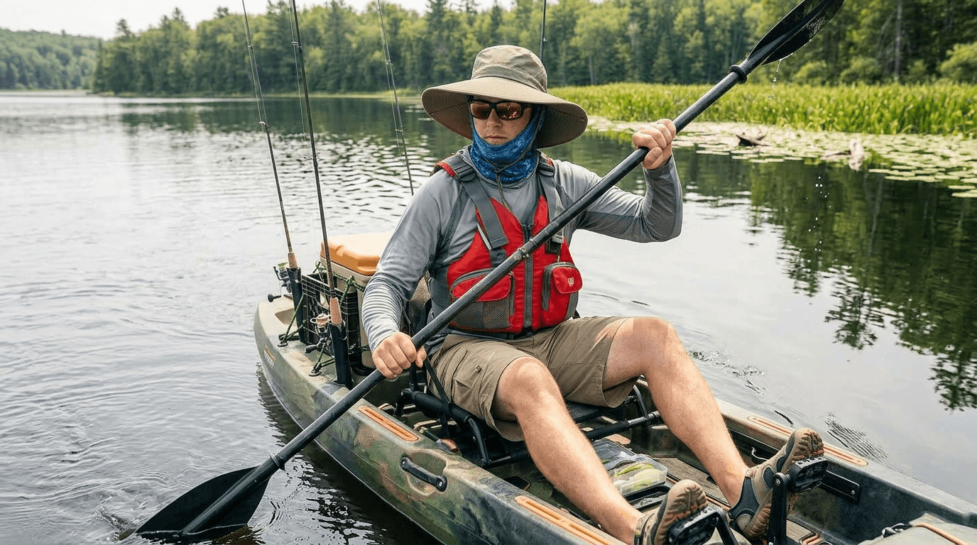 Kayak angler wearing sun shirt, hat, and PFD on a bright summer morning